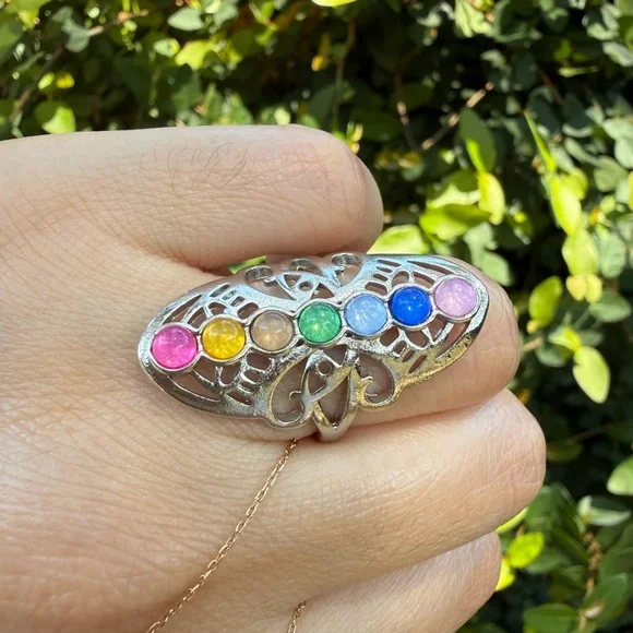 Multi-Gemstone Silver Tone Chakra Ring - Picture 4 of 7